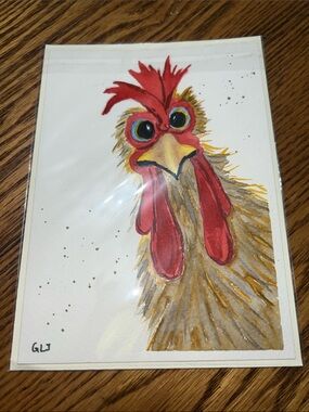 Hand Crafted Rooster Watercolor Print - Red, Yellow, Brown cottagecore